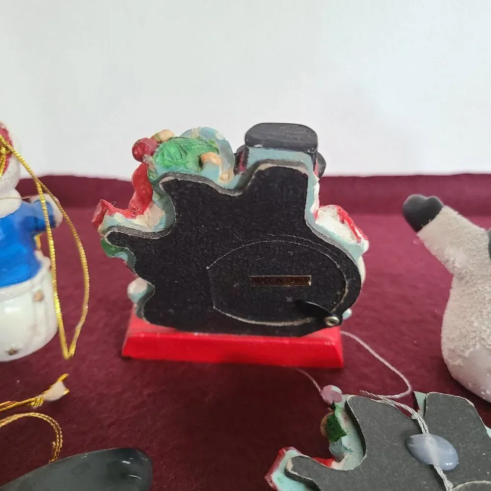 Vintage Winter Snowman Christmas Ornaments and Stocking Hanger Bundle of 8